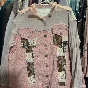 POL Pink and Brown Patchwork Jean Jacket